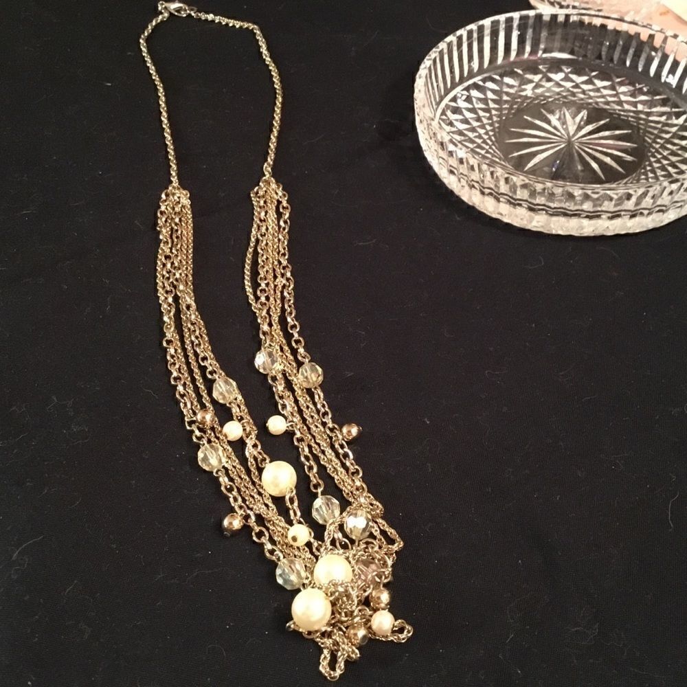 Goldtone Chains Necklace with Crystals and Faux Pearls